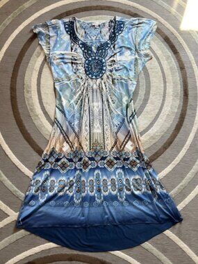 World Unity Women Short SLV  Aztec Boho Embroider Blue Geometric Shift Dress XL